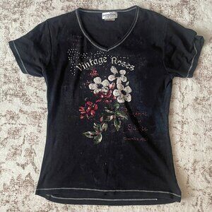 Vintage Roses Graphic Tee Y2K Fitted Stretch Black Floral T Shirt Women’s L